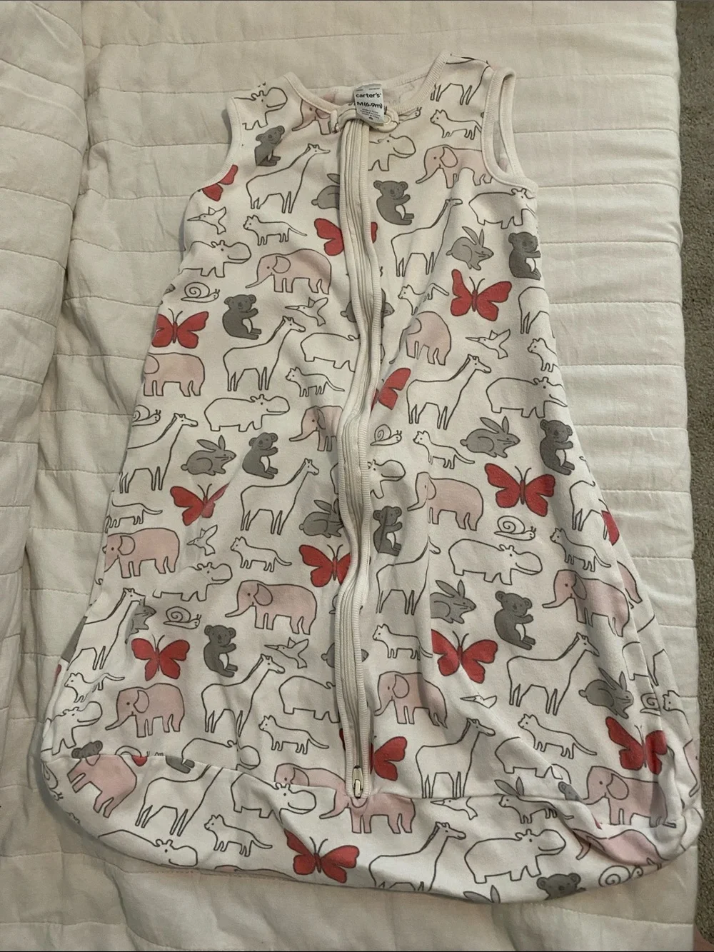 Carter's White Sleep Sack with Pink & Gray Animal and Butterfly Print